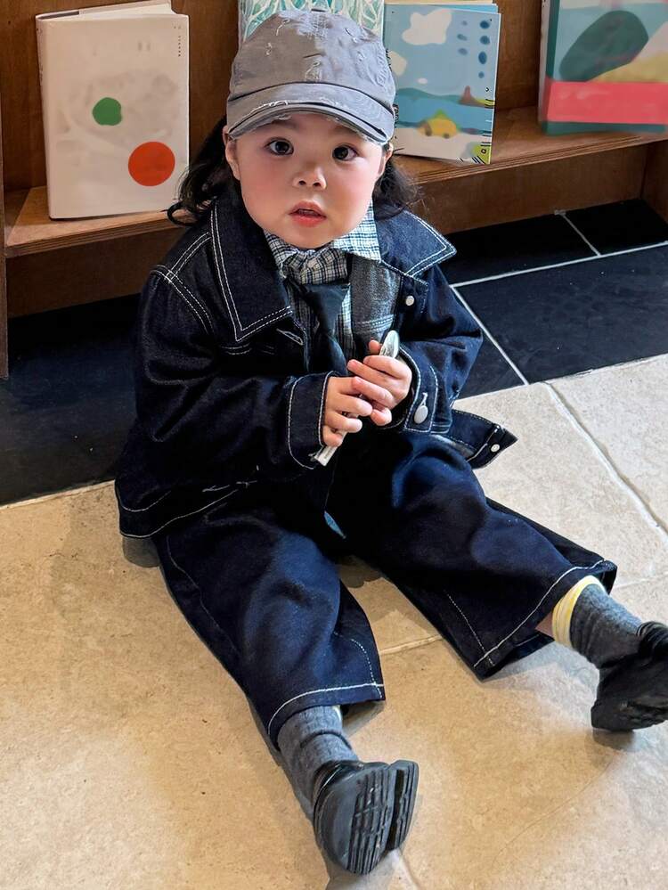 2pcs Baby Girls' Vintage Korean Style Washed Denim Top And Pants Jeans Set Toddler Girls Clothes