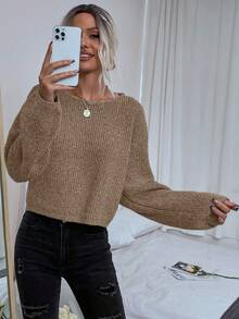 EMERY ROSE Áo len dệt kim dáng rộng màu trơn hở vai đơn giản cho nữ màu xám - Màu nâu  Mocha - Xem 3