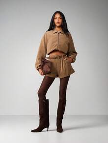 MISSGUIDED Women's High Waisted Tailored Suede Shorts With Belt For Fall Winter Casual Office Wear - Brown - View 4