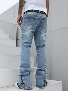 Manfinity EMRG 男士浅色水洗叠层喇叭牛仔裤，踝部拉链设计。修身长款牛仔裤，打造现代休闲风格。男士牛仔裤 - 淺色水洗藍 - 查看 2