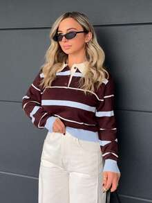 Jeta Ari Women's Autumn/Winter Collegiate Style Polo Collar Contrast Striped Brown And Blue Loose Knit Sweater,Brown Sweater - Multicolor - View 4