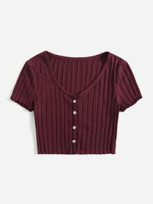 SHEIN EZwear 女士纯色V领单排扣短袖罗纹休闲T恤 - 紫紅色 - 查看 3