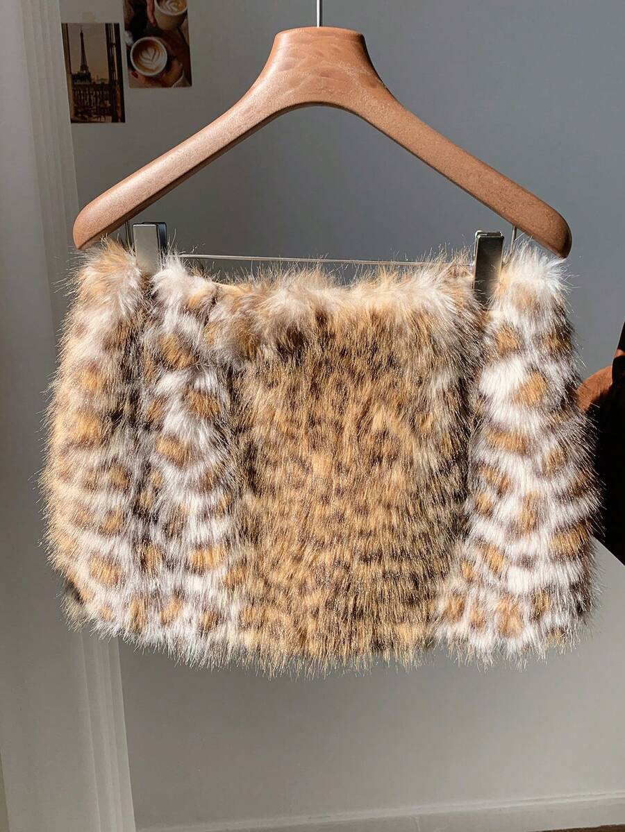 Comfortcana Y2K 女式豹纹仿皮草迷你裙、豹纹仿皮草裙、万圣节服装、豹纹裙、猎豹裙、猎豹印花 - 彩色 - 查看 1