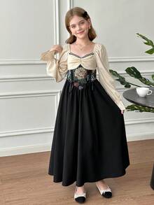 SHEIN Tween Girls' French Retro Palace Style Long Sleeve Elegant Dress,Black Floral,Autumn,Birthday,Gathered Rhinestone Square Neck Jacquard Modest Dress - Black - View 4