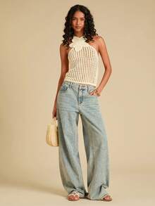 Travachic Áo hai dây dệt kim hở lưng khoét lỗ không tay màu trơn dành cho nữ - Vàng nhạt - Xem 6