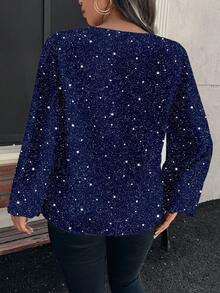 EMERY ROSE Casual Plus Size Women's V-Neck Lantern Sleeve Shiny Elegant Blouse