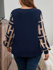 SHEIN LUNE 大码撞色灯笼袖休闲宽松上衣，秋冬假日款 - 寶藍色 - 查看 2