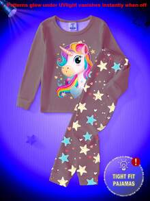 两件套女童睡衣，夜光可爱独角兽印花针织紧身圆领长袖上衣和裤子睡衣套装
