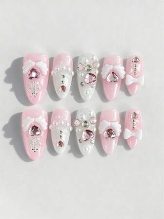 Kawaii 10 pezzi Unghie finte graziose con fiocco + 3 fogli di adesivo biadesivo, Adesivi per unghie dipinti a mano a tema rosa rimovibili, Decorazioni per unghie riutilizzabili adatte per vacanze, feste, ballo e uso quotidiano, San Valentino