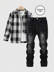 Calça jeans rasgada para meninos pré-adolescentes, jeans preto, estilo casual de rua, mistura de algodão confortável, adequada para uso diário, escola, passeios, temporada de volta às aulas, novidade - Preto - Ver 1