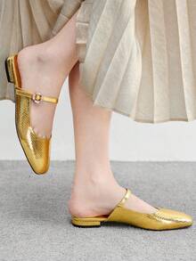 CUCCOO BIZCHIC Women's Fashion Gold Python Pattern Buckle Flat Shoes For Christmas - Gold - View 3