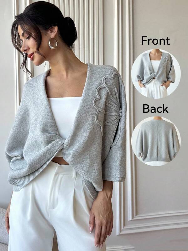 Firerie Women's Loose Fit Elegant Floral V-Neck Sweater, Casual, White, Long Sleeve, Oversized, Suitable For Spring, Autumn And Winter, Elegant, Commute, Casual, Work Wear, Women Teachers Vintage