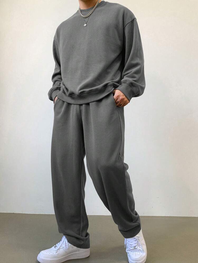 Men's Solid Color Thick Sweatshirt Set, Autumn