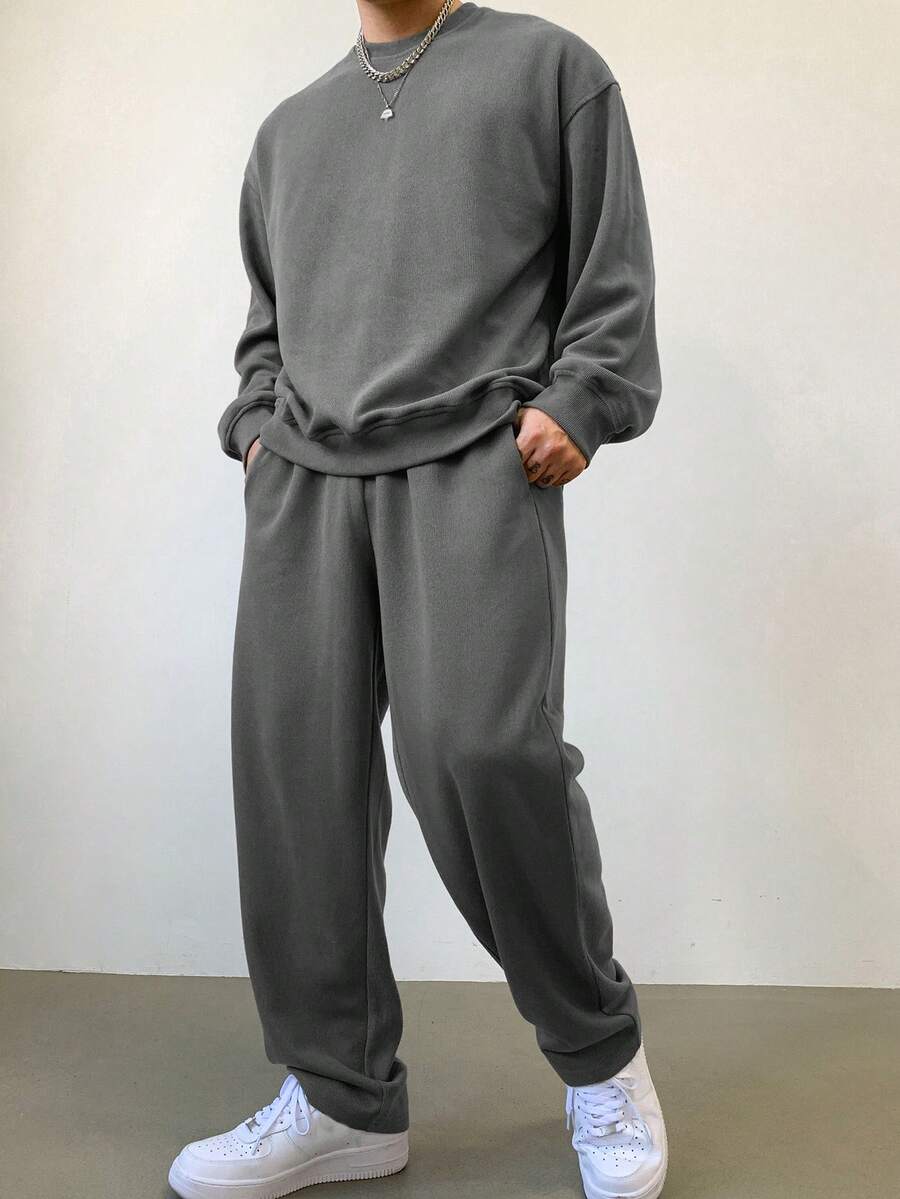 DAZY Men's Solid Color Thick Sweatshirt Set, Autumn - Grey - View 1