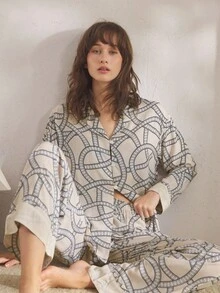 Ocili 舒适自然几何山纹图案宽松长袖上衣和裤子翻领女士睡衣套装，秋冬宽松睡衣 - 卡其色 - 查看 8