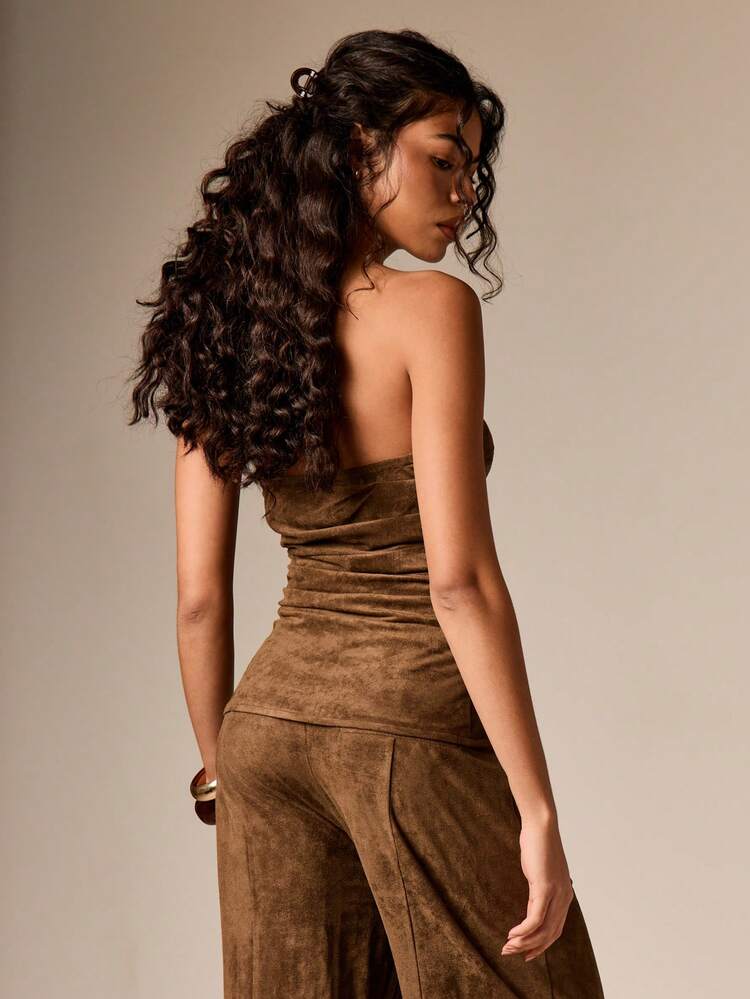 Faux Suede Gathered Sleeveless Corset Top