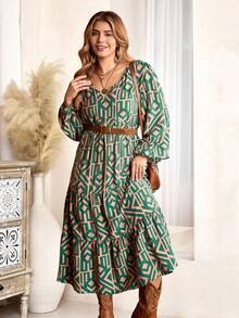 EMERY ROSE Plus Size Women's Fashion Sage Green Geometric Print Long Sleeve Dress,Boho Elegant Autumn Winter Cozy Holiday Vacation Country Concert Outfit - Multicolor - View 5