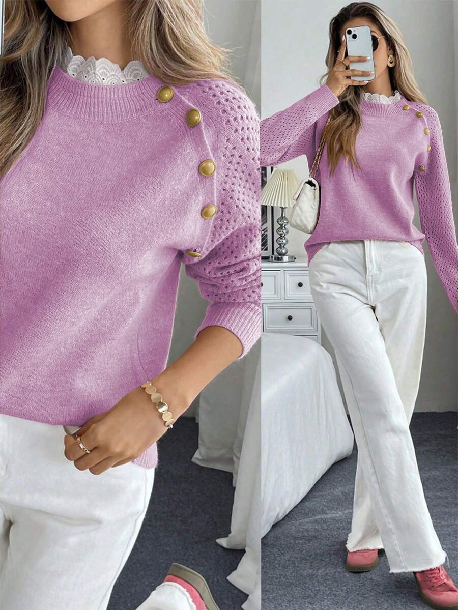 EMERY ROSE Áo len cổ tròn rộng rãi họa tiết hoa mới dành cho nữ - Màu tím - Xem 1