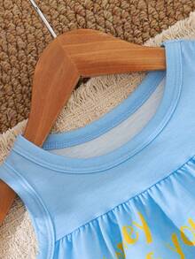 SHEIN Playful Pals Váy không tay họa tiết động vật ong dễ thương cho bé gái, phong cách thời trang mới cho mùa xuân/hè - Màu xanh nhạt - Xem 3