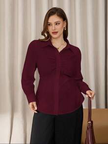 Auralis White Ruched Front Button Long Sleeve Shirt, Office Lady Elegant Blouse, Plus Size, Suitable For Work, Concerts, Dates, Basic Versatile Shirt Burgundy - Burgundy - View 6