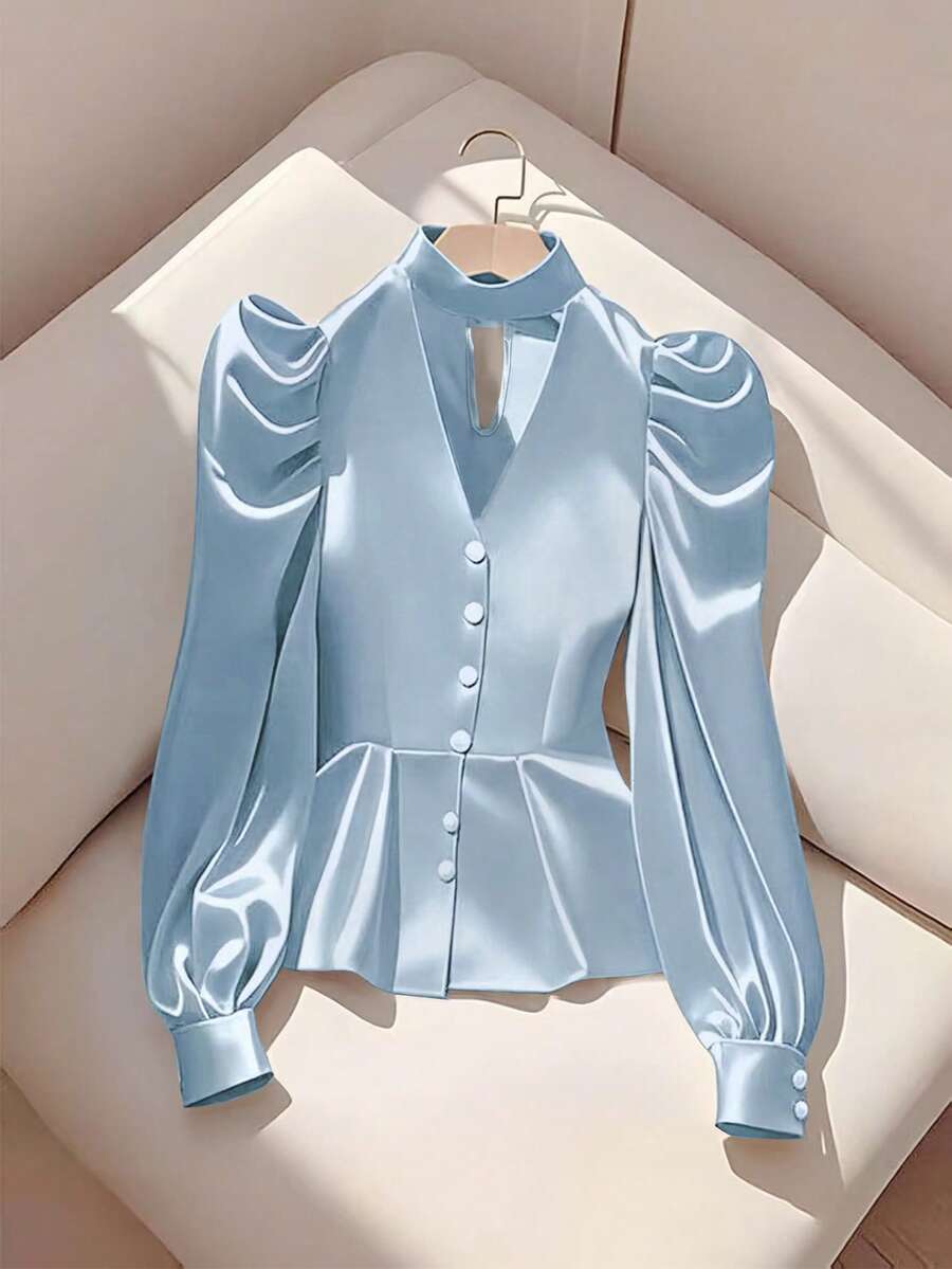 GlowEve V领露背亮面喇叭下摆优雅女式衬衫 - 藍色 - 查看 1