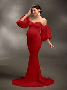 Cheriluna Maternity 孕妇写真礼服/优雅派对礼服/迎婴派对礼服 - 褶皱无肩带修身针织连衣裙，正式礼服/圣诞派对礼服/红色礼服/优雅派对礼服 - 紅色 - 查看 1