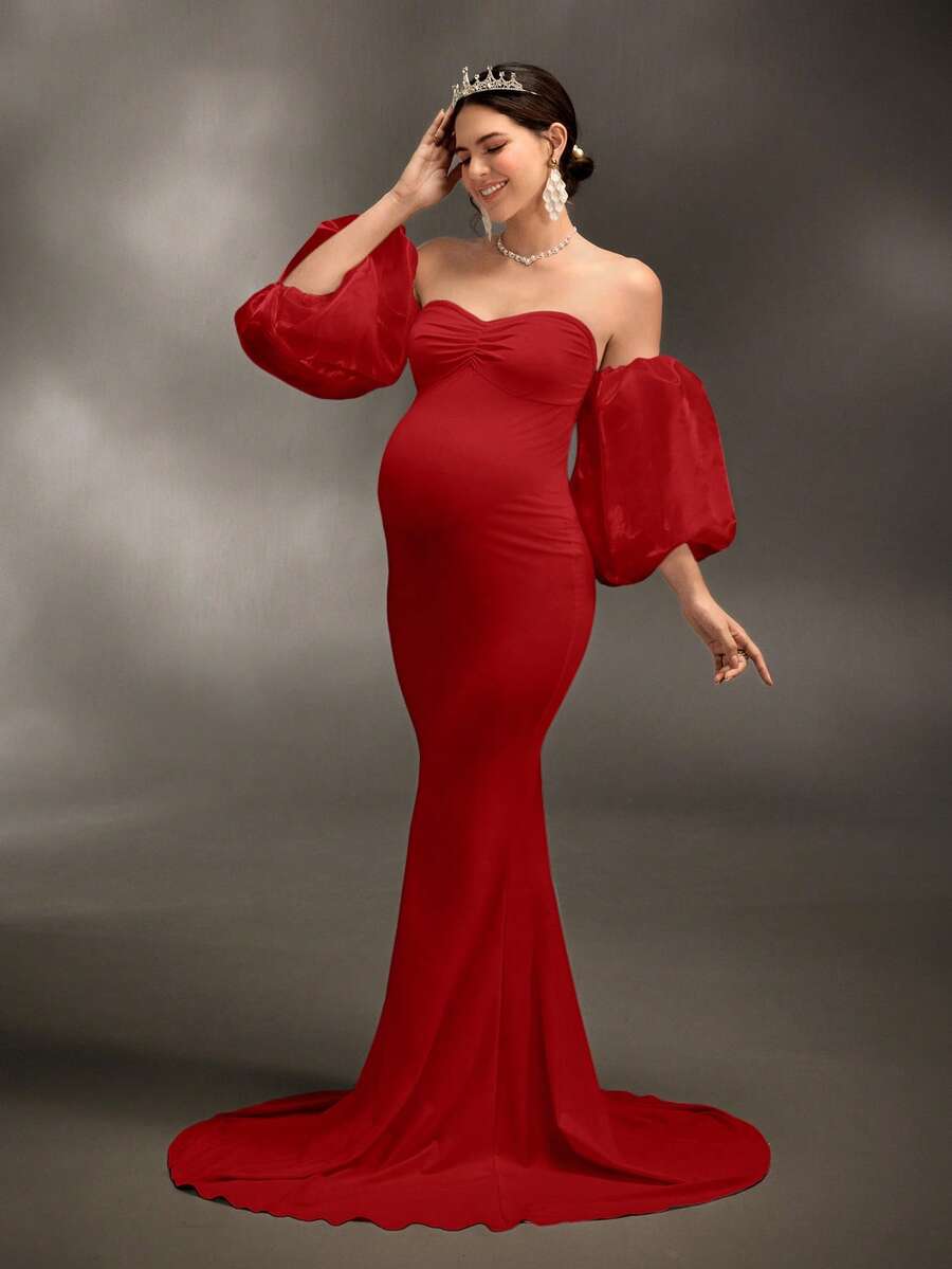 Cheriluna Maternity 孕妇写真礼服/优雅派对礼服/迎婴派对礼服 - 褶皱无肩带修身针织连衣裙，正式礼服/圣诞派对礼服/红色礼服/优雅派对礼服 - 紅色 - 查看 1