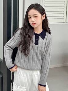Dazy Kids 少女休闲撞色滚边毛衣，秋冬季 - 藏蓝色 - 查看 6