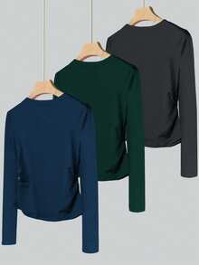 Resyla Women's Bow Print Crew Neck Long Sleeve Pleated Casual T-Shirt - Navy Blue - View 2