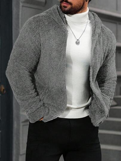Manfinity CasualCool Men's Solid Color Long Sleeve Zip-Up Hooded Fleece Jacket, Autumn/Winter Fur Hoodie Zip Up Grey Zip Up Hoodie Grey Cardigan Grey Jacket