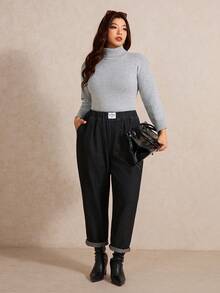 Elaquor 大码黑色高腰牛仔裤，舒适弹力腰带，锥形裤型，经典牛仔面料，百搭黑色长裤 - 黑色 - 查看 3