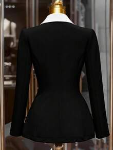 Franclia 通勤时尚百搭收腰双排扣撞色领卡其色女士西装外套，优雅秋季大衣，商务休闲办公着装，女教师套装 - 黑色 - 查看 2