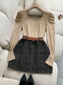 Franclia 百搭通勤休闲方领褶皱长袖弹力针织收腰修身粗花呢格子 A 字裙短裙女两件套，秋冬 - 卡其色 - 查看 2