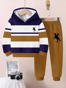 2pcs/Set Young Boy Casual Loose Sports Sweatshirt And Sweatpants,Colorblock Patchwork Horse Rider Graphic Print,Autumn,Career Day,Back-To-School - Multicolor - View 2