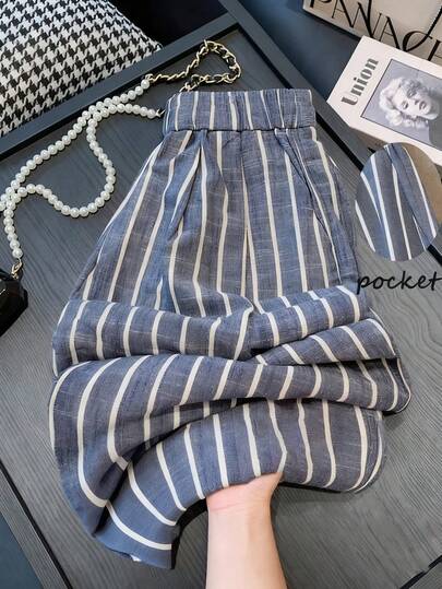 SHEIN Clasi Plus Size Contrast Color Vertical Striped Casual Loose Pants, Summer Fall Cloth For Women