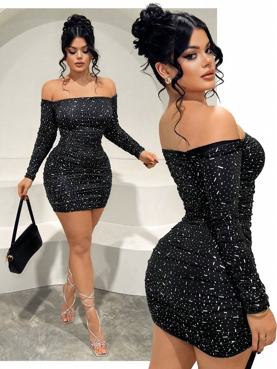 SHEIN SXY 女士时尚性感露肩紧身迷你连衣裙 - 黑色 - 查看 1