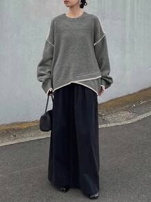 FRIFUL Women's Round Neck Contrast Color Trim Asymmetrical Hem Casual Ribbed Patchwork Thickened Sweater - Grey - View 2