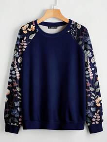 EMERY ROSE Plus Size Women Floral Print Patchwork Raglan Sleeve Casual Loose Sweatshirt/Winter - Navy Blue - View 7