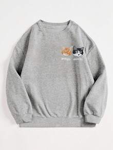 INAWLY 可爱猫咪卡通字母刺绣女式时尚圆领短袖休闲宽松T恤，秋冬款 - 淺灰色 - 查看 3