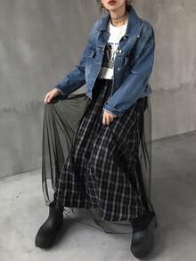 FRIFUL 女士弹力腰格子撞色网纱休闲裙 - 黑色 - 查看 5