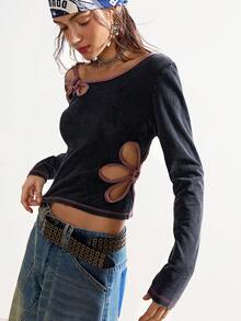 Bohemela Boho Autumn/Winter Outerwear, Vintage Casual Women's Floral Hollow Design Washed Black And Pink Long Sleeve Cropped Top, Western Country Style Concert Party, Suitable For Beach Vacation & Daily Wear & Back To School & Going Out & Party, Christmas, New Year,Black Top - Black - View 9