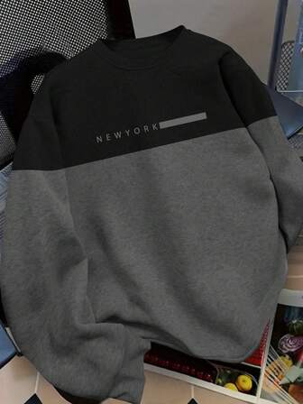 Manfinity Sudadera holgada de cuello redondo con estampado de letras y contraste de colores, de manga larga, para hombre, para otoño/invierno