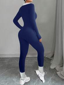 Gloray 骑士刺绣双色高领长袖连体裤 - 藍色 - 查看 2