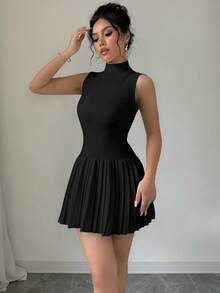 Selianne Solid Color Sleeveless Pleated Sweater Dress, Casual Daily Wear