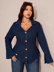 Elaquor 大码休闲/工作风喇叭袖牛仔衬衫，秋季款 - 深色水洗藍 - 查看 5