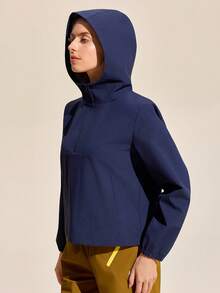 Exploreva Giacca da pioggia con chiusura lampo e cappuccio, casual e sportiva da donna per uso all'aperto - Blu Navy - Visualizzare 2