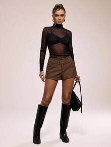 SHEIN BAE 女士休闲宽松纽扣腰短裤 - 棕色 - 查看 5