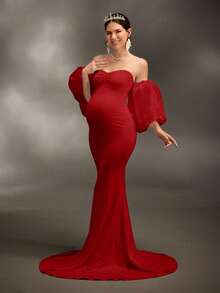 Cheriluna Maternity 孕妇写真礼服/优雅派对礼服/迎婴派对礼服 - 褶皱无肩带修身针织连衣裙，正式礼服/圣诞派对礼服/红色礼服/优雅派对礼服 - 紅色 - 查看 5