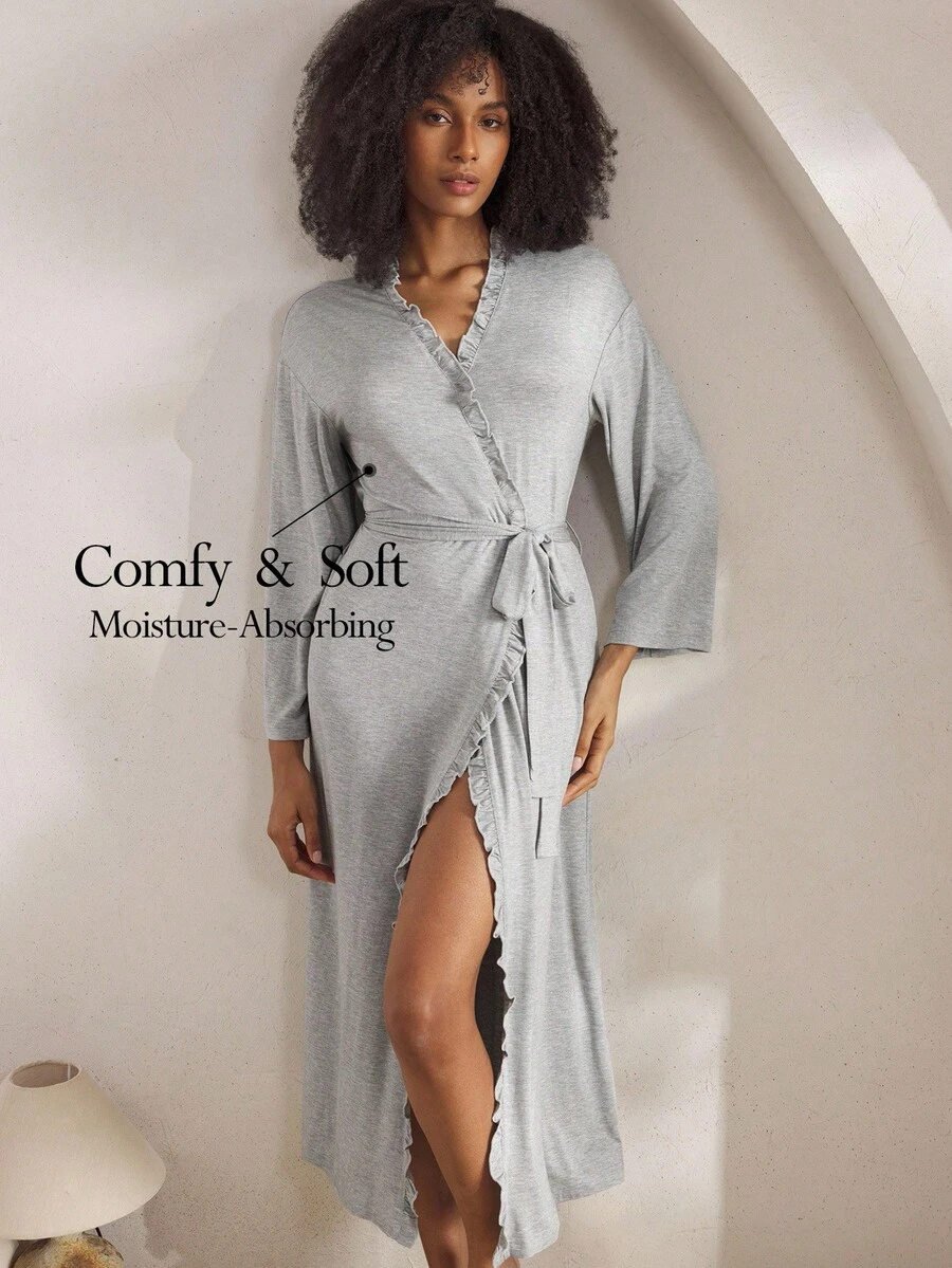 Ocili 休闲简约荷叶边长款系腰睡袍，女士家居服，时尚秋日睡袍，舒适长袖睡袍 - 灰色 - 查看 1