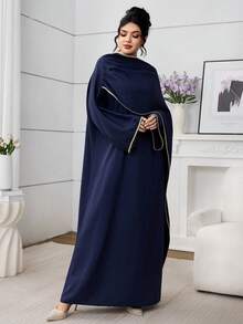 Al Najma Women's Elegant Minimalist Poncho Design Loose A-Line Arabic Style Dress - Navy Blue - View 7